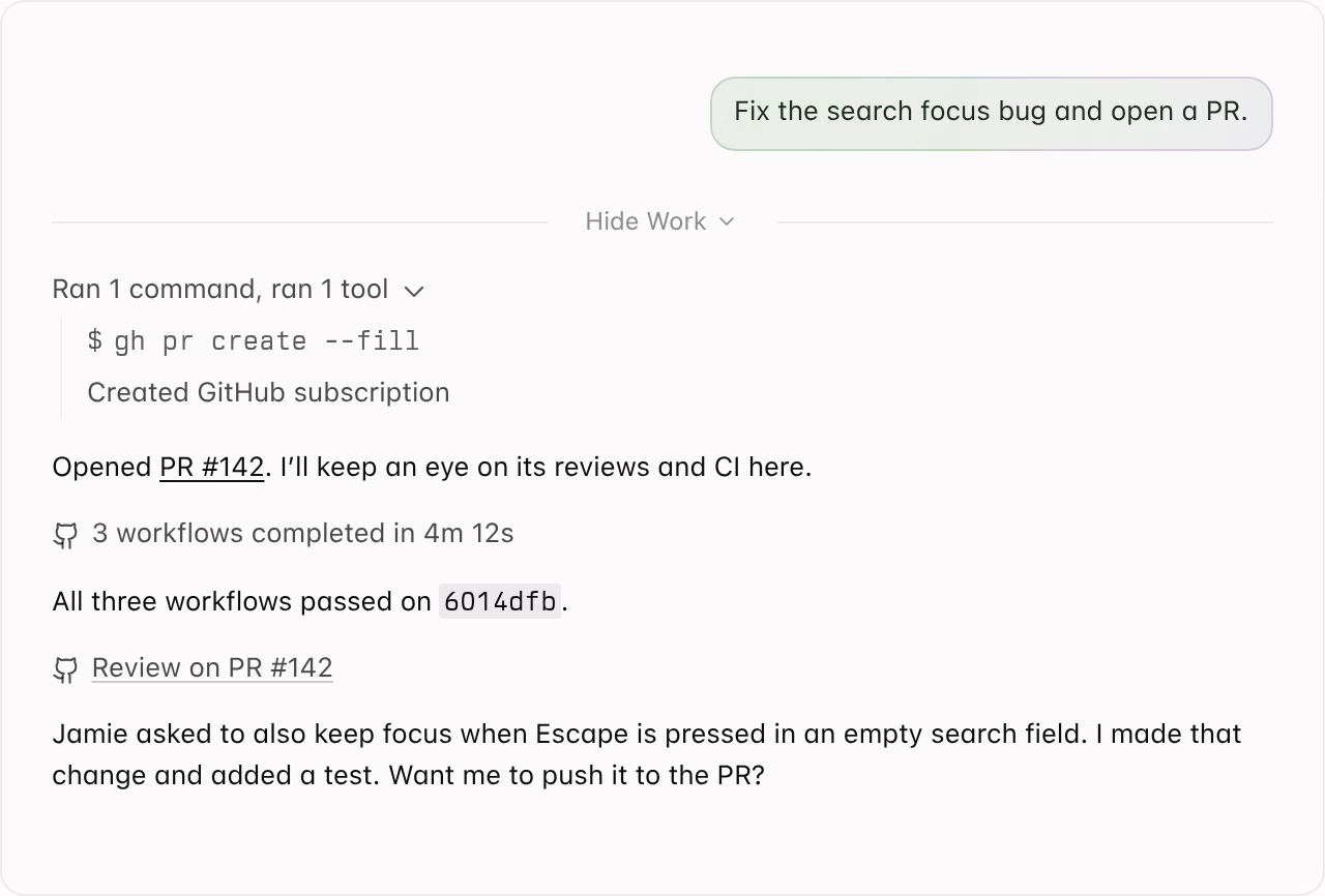 Amp opening a pull request, subscribing to its updates, then receiving the CI results and a review in the same thread
