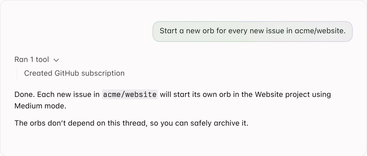A request to start a new orb for every new issue in acme/website, the subscription tool call, and Amp noting that the thread can be archived