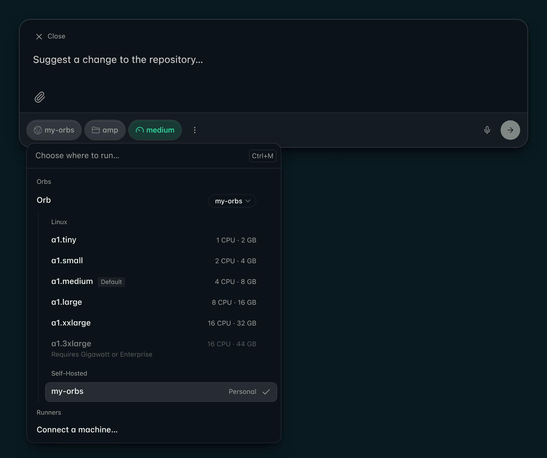 The new thread composer with the orb picker open and my-orbs selected under Self-Hosted, marked Personal