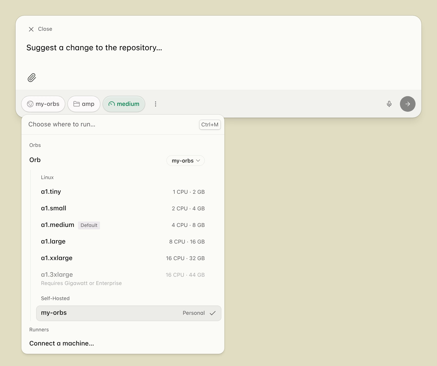 The new thread composer with the orb picker open and my-orbs selected under Self-Hosted, marked Personal