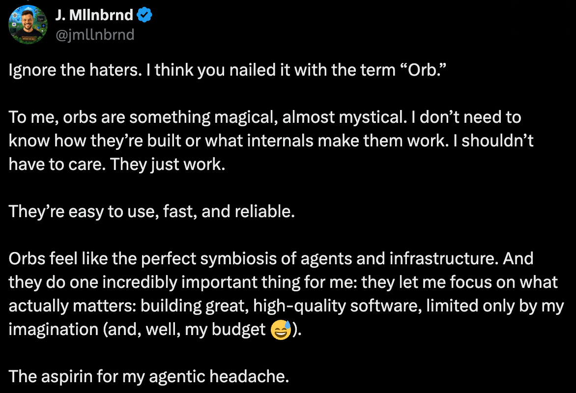 Post praising the name Orb and describing orbs as magical, easy to use, fast, and reliable